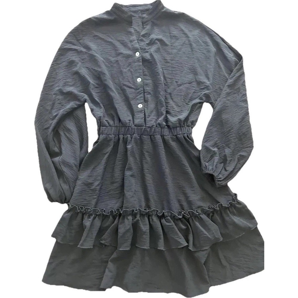 New Black Dress Above Knee Double Ruffle Skirt V Neck Small Fits M Lightweight